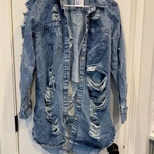Thrill Stonewashed Denim Destroyed Shacket L NWT
